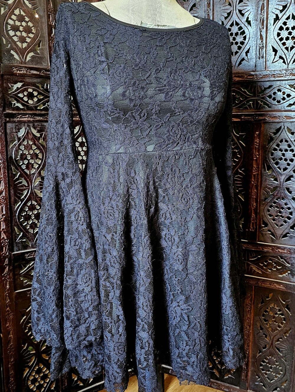 Black Lace Long-Sleeve Fit & Flare Dress with Bell Sleeves